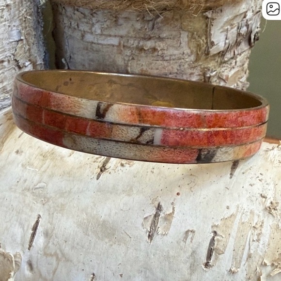 Vintage Jewelry - Vintage Mosaic Inlay Brass Bangle Red Neutral Boho Southwestern